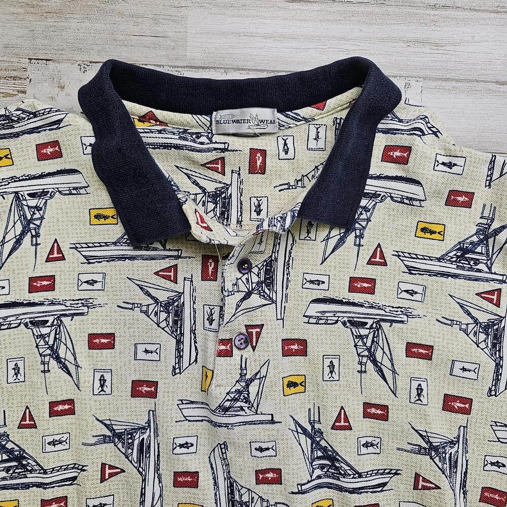 AFTCO Bluewater Wear Fishing Boats Print Polo Shirt Mens 2XL Nautical Fish Y2K